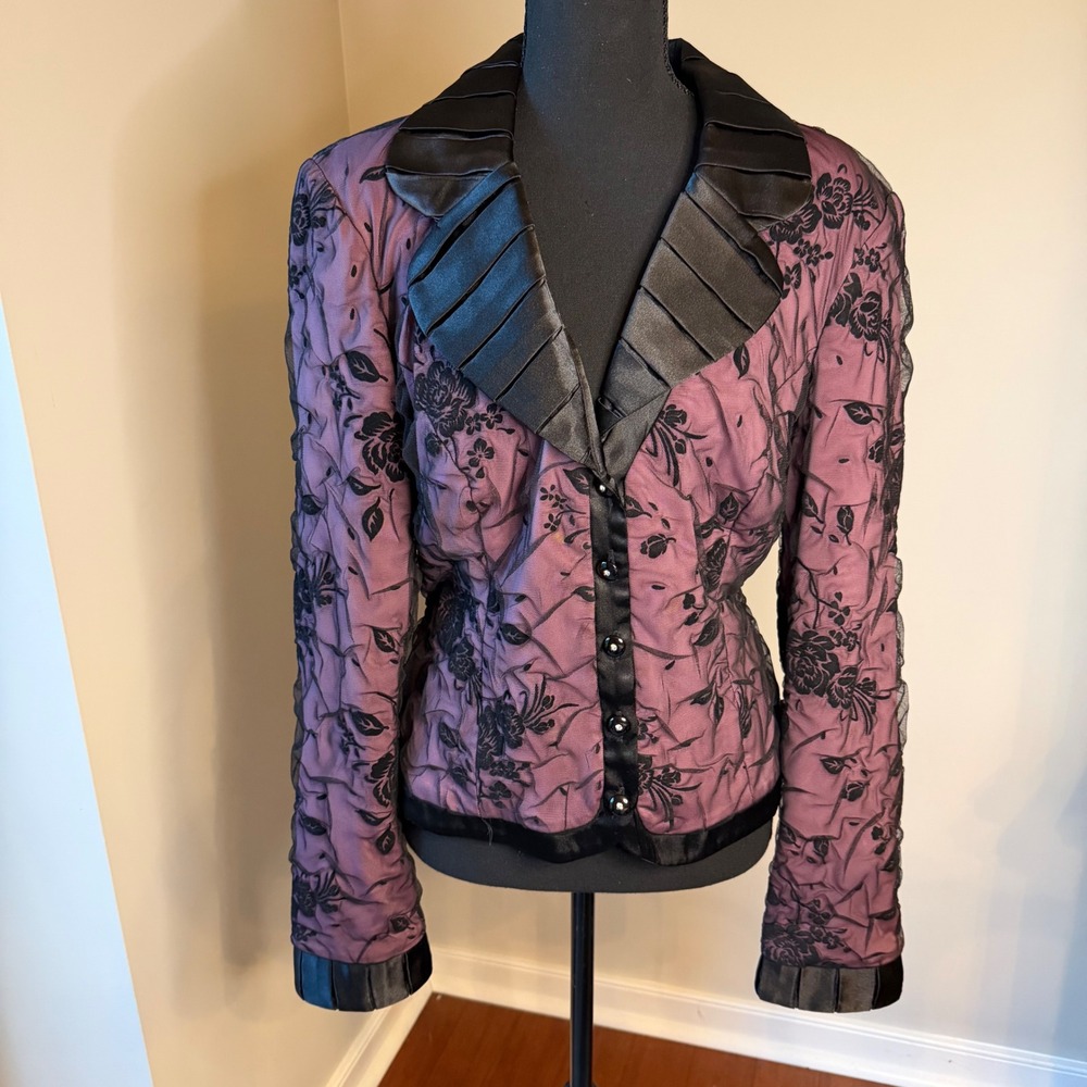 JS Collections Evening Jacket Womens Size 12 Purple Black Floral Satin Lace